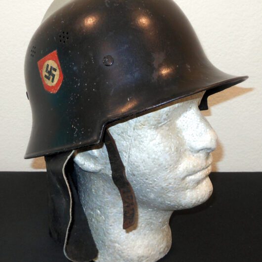 WW2 German Feuerschutzpolizei M34 Stahlhelm - M34 DOUBLE-DECAL FIRE POLICE SQUARE DIP HELMET WITH NECK SHIELD - VERY NICE!