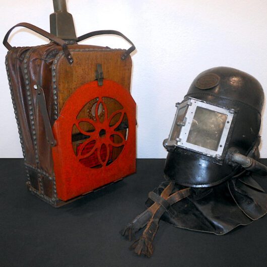 1880's British - FIREMAN SMOKE HELMET & BELLOWS - SIEBE GORMAN & CO. - VERY RARE
