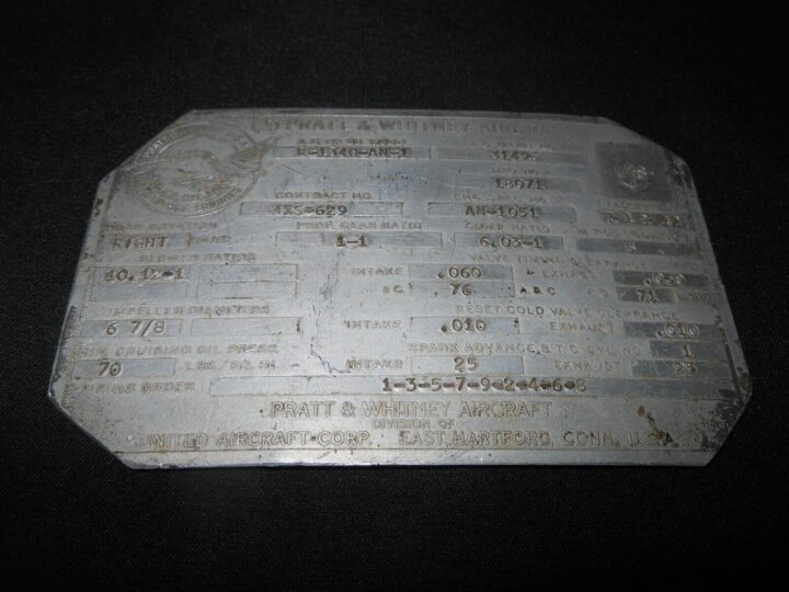 WW II US Navy Aircraft - MAIN ENGINE DATA PLATE - P&W R-1340 - NICE! - Image 3