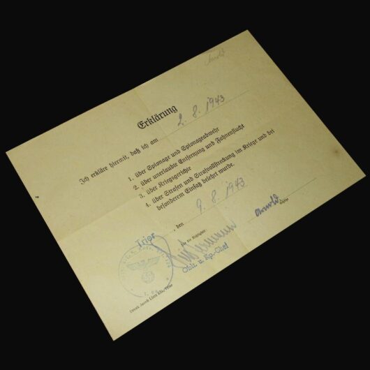 WW2 German Wehrmacht Erklärung – DECLARATION FORM – Legal Acknowledgement 1943