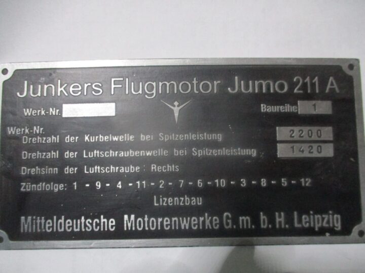 WW2 German Luftwaffe - ENGINE DATA PLATE - Jumo 211 - Ju87 - EASTERN FRONT - Image 4