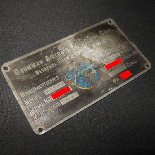 WW2 British Royal Navy FAA Aircraft - TBF-1 AVENGER MAIN DATA PLATE - VERY NICE!