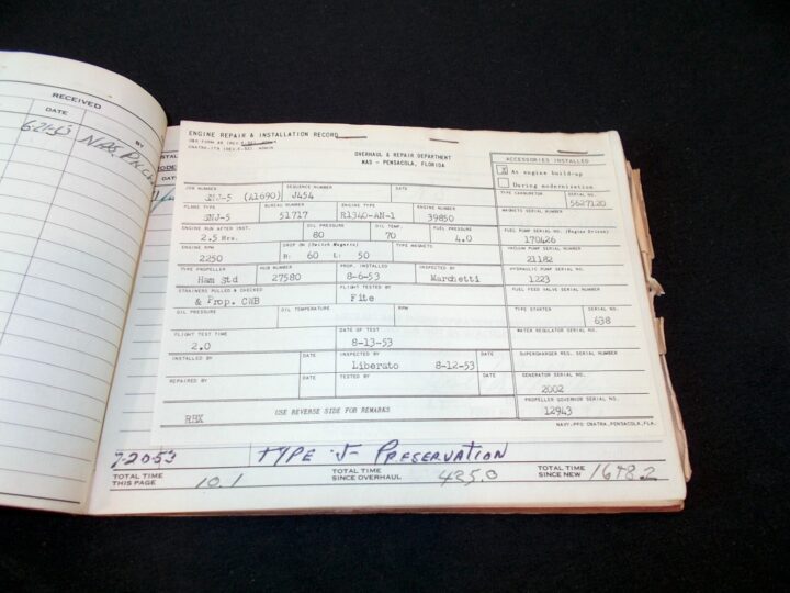WW2 US Navy Aircraft - MAIN ENGINE DATA PLATE w/ LOG BOOK - SNJ-5 - NICE! - Image 9